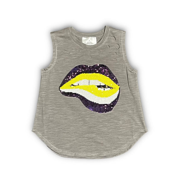 Distressed Purple/Gold Sequin Lips Gameday Tank Top