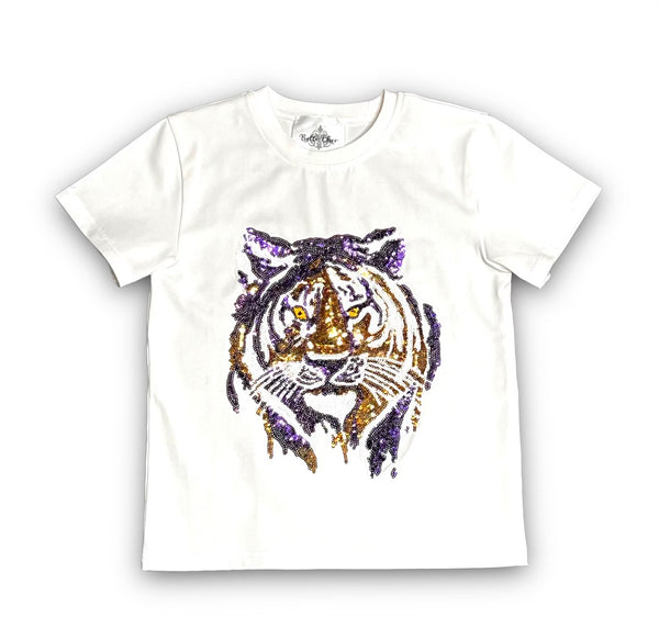 Child Sequin Tiger Face S/S Gameday Tee - White