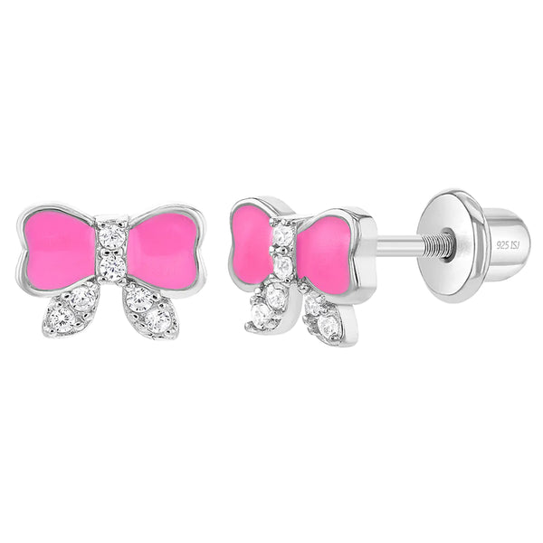 SS Pretty in Pink Bow Enamel Screw Back Earrings