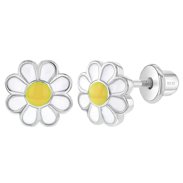 SS Delightful Daisy Yellow Flower Enamel Screw Back Earrings