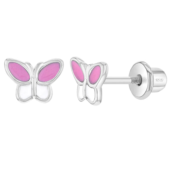 SS Pink Butterflies Enamel Screw Back Earrings