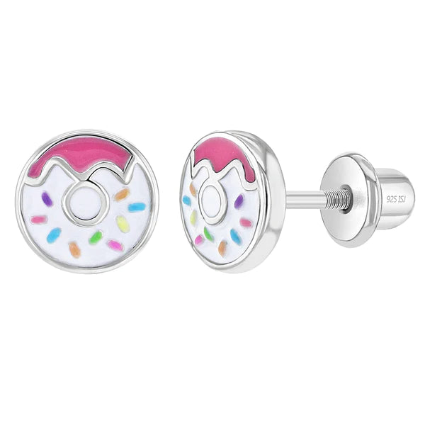 SS Frosted Donut with Sprinkles Enamel Screw Back Earrings - Pink & White