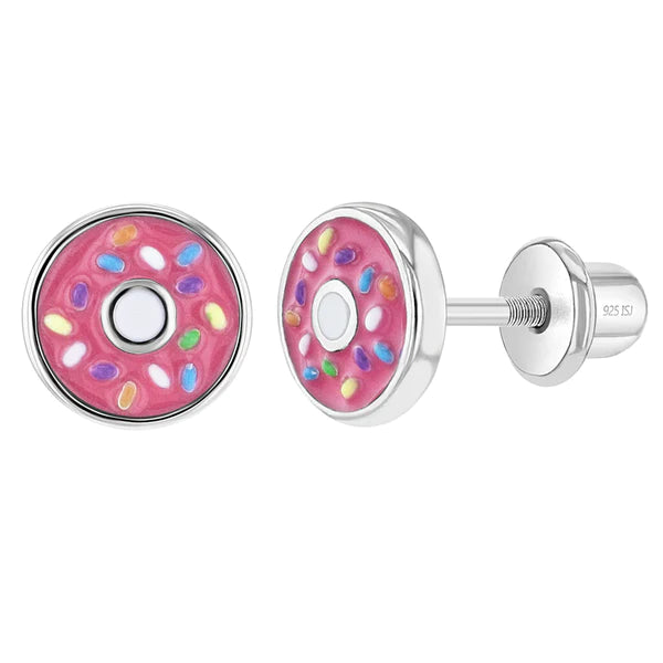 SS Frosted Donut with Sprinkles Enamel Screw Back Earrings - Pink