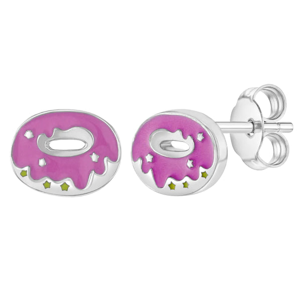 SS Frosted Donut with Sprinkles Enamel Push Back Earrings - Hot Pink