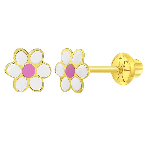 14K Gold Pink Flower Enamel Screw Back Earrings