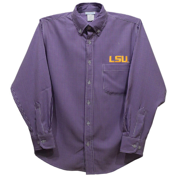 LSU Tigers Embroidered Purple Gingham L/S Button Down