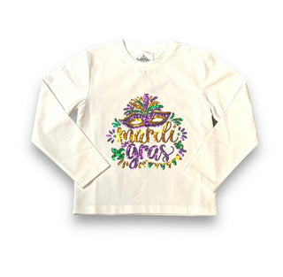 Mardi Gras Sequin Mask L/S White Tee