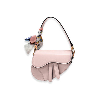 Pink Doe-A-Dear saddle purse with tied scarf and gold chain