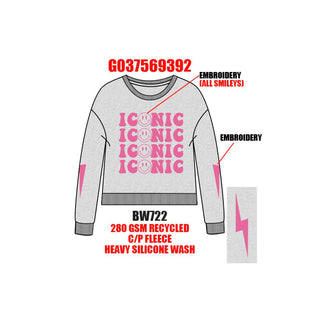 Heather Grey Iconic Happy Face Embroidery Graphic Tween Sweatshirt
