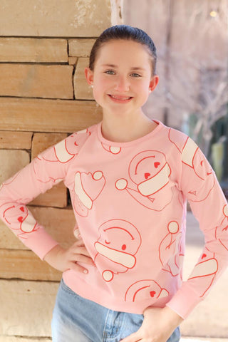 Pink All-Over Santa Hat Smiley Face Christmas Graphic Sweatshirt