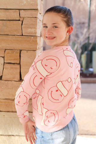 Pink All-Over Santa Hat Smiley Face Christmas Graphic Sweatshirt