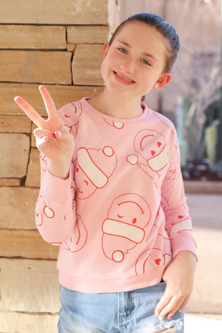 Pink All-Over Santa Hat Smiley Face Christmas Graphic Sweatshirt