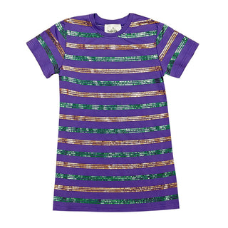 Belle Cher Green and Gold Sequin Striped Purple Dress