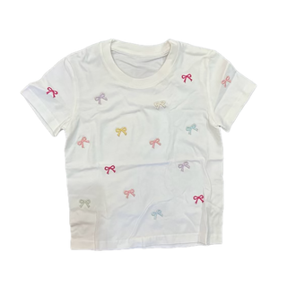 White Short Sleeved Knit Tee with Embroidered Mini Bows