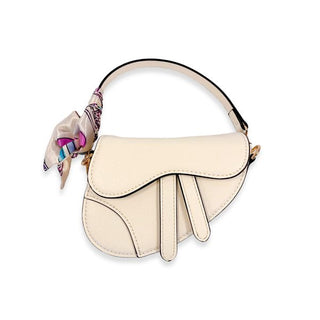 Ivory Doe-A-Dear saddle purse with tied scarf and gold chain