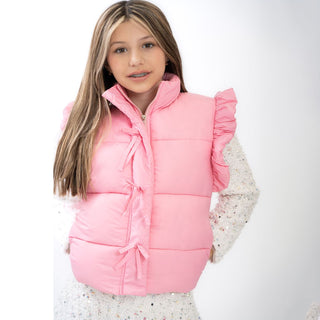 Pink Ruffled Puffer Vest with Front Bows