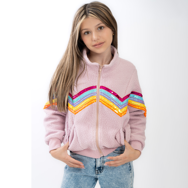 Dusty Pink Zip Front Sherpa Jacket with Rainbow Sequin Trim