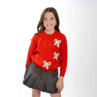 3 Bows on Red Crewneck Sweater