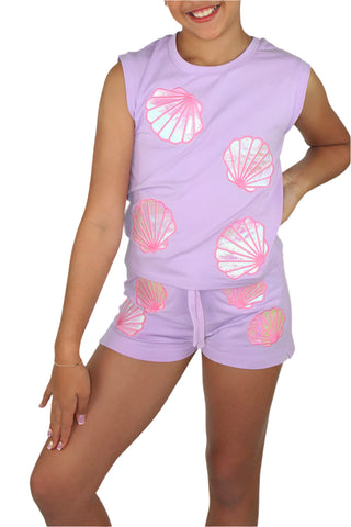 Orchid Bloom Seashells Applique Tank Top & Shorts Set