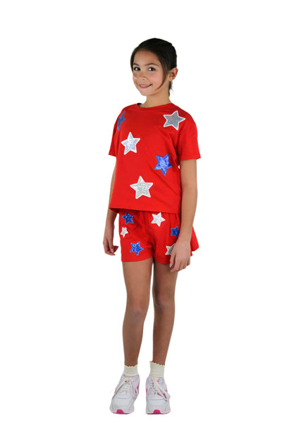 Red White & Blue Sequin Stars Tee & Shorts Set