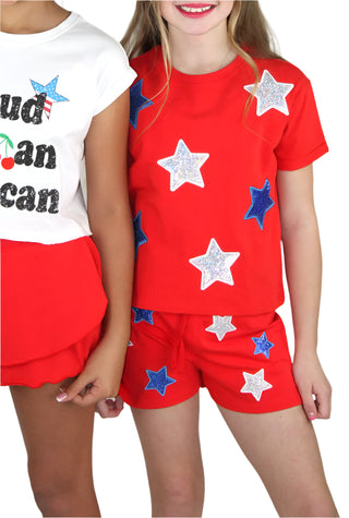 Red White & Blue Sequin Stars Tee & Shorts Set