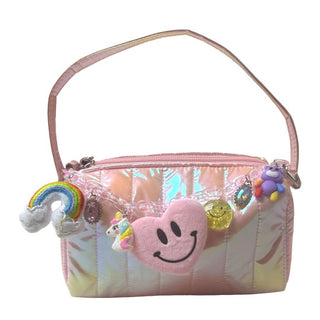 Bari Lynn Pink Quilted Crossbody Charm Bag with Link Chain