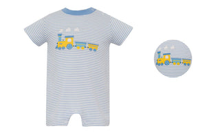 Small BLue and White Knit Stripe Boy's Short Romper- Train