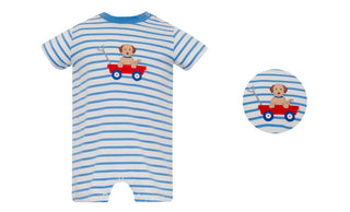 Claire & Charlie Blue Striped Knit Romper - Dog Ride