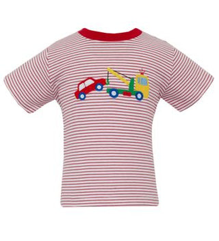 Small Red and White Knit Stripe Boy's T-shirt- Tow Truck