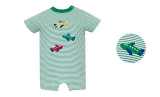 Green and White Knit Stripe Boy's Short Romper- Airplane
