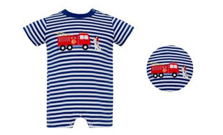 Royal Blue Knit Boys Romper- Firetruck