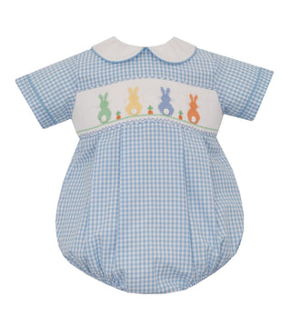 Anavini Boys Blue Gingham Smocked Bunnies Bubble