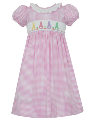 Anavini Girls Pink Gingham Smocked Bunnies Dress