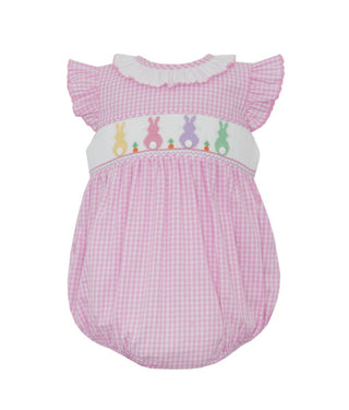 Anavini Girls Pink Gingham Smocked Bunnies Bubble