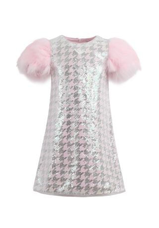 Lola and the Boys Hounds tooth Sequin Feather Sleeve Party Dress