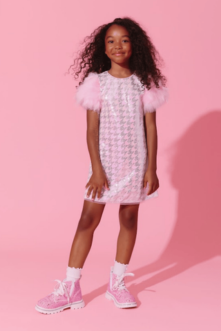Lola and the Boys Hounds tooth Sequin Feather Sleeve Party Dress