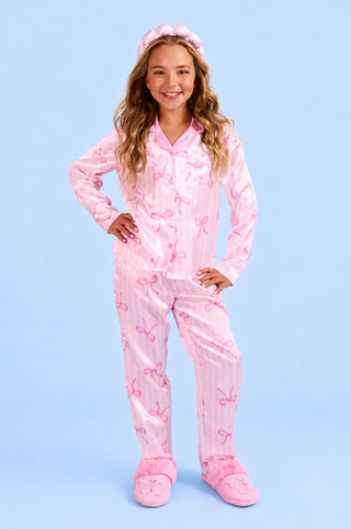Striped Bow Satin Pajama Set with Headband