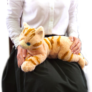 Sunlemon realistic tabby lap cat plush resting on a lap