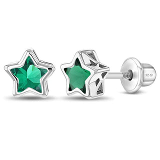 SS Classic CZ Birthstone Solitaire Stars Screw Back Earrings
