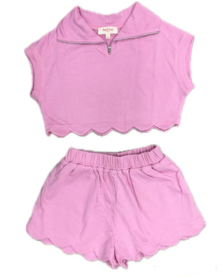 Pink French Terry Scallop Hem Short Set