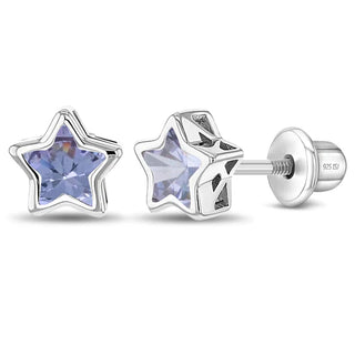 SS Classic CZ Birthstone Solitaire Stars Screw Back Earrings
