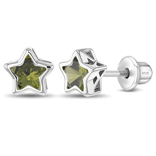 SS Classic CZ Birthstone Solitaire Stars Screw Back Earrings