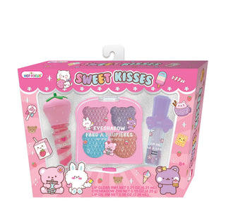 Pink toy makeup set packaging with 'Sweet Kisses' branding on a white background