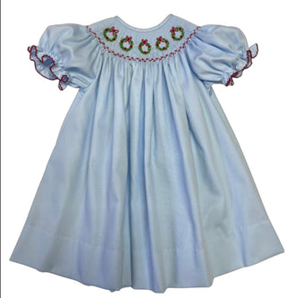 Girls Emma Blue Smocked Christmas Wreath Bishop Dress