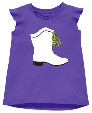 Azarhia Sequin Mardi Gras Marching Boots on Purple Ruffle Tee