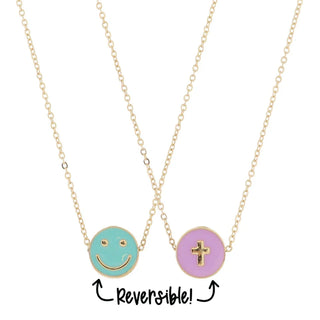 Reversible Disc With Mint Happy Face and Lavender Cross Necklace