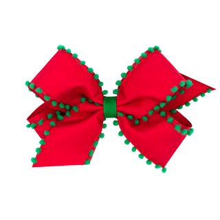Medium Holiday Style Pom-Pom Edge Grosgrain Overlay Hair Bow
