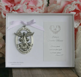 Pewter angel cradle medal with ribbon - view 2