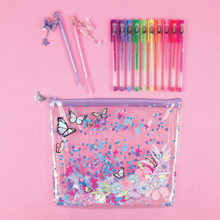 Butterfly Glitter Pouch and 12-Pack Pen Set