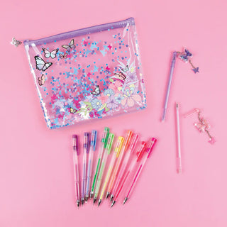 Butterfly Glitter Pouch and 12-Pack Pen Set